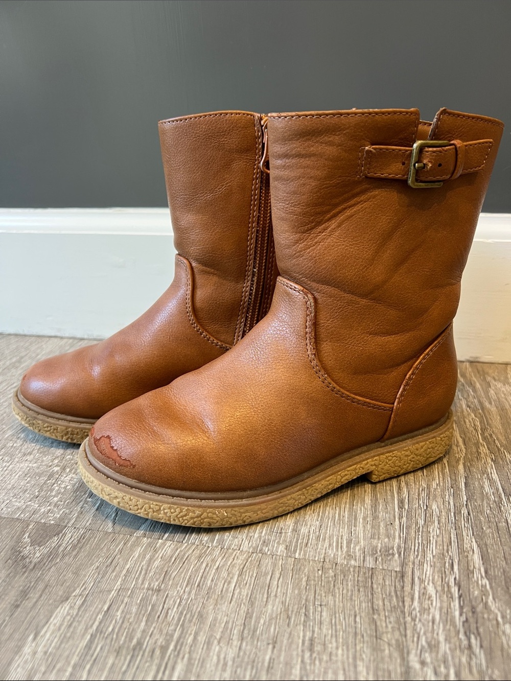 Girls Cat & Jack Brown Faux Leather Buckle Zipper Boots Size 11